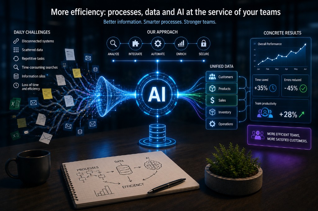 Process-flow infographic showing everyday challenges, AI as the central point, unified data, and concrete results — English labels on the artwork.