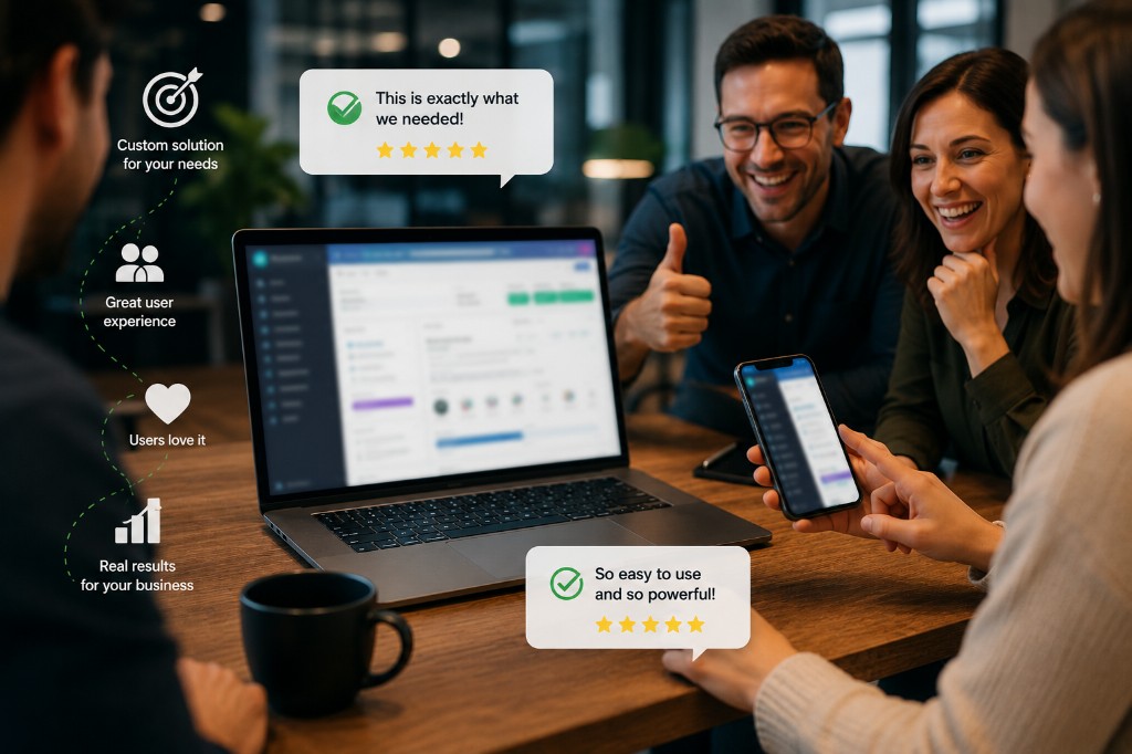 Team around a laptop and phone: benefit callouts (custom solution, user experience, users love it, real results) and starred testimonials — English labels on the artwork.