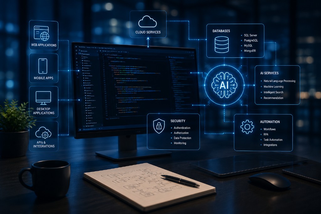 Espace de travail avec schéma numérique : applications web et mobiles, services cloud, bases de données, IA, sécurité et automatisation reliés au poste (libellés en anglais sur l'illustration).