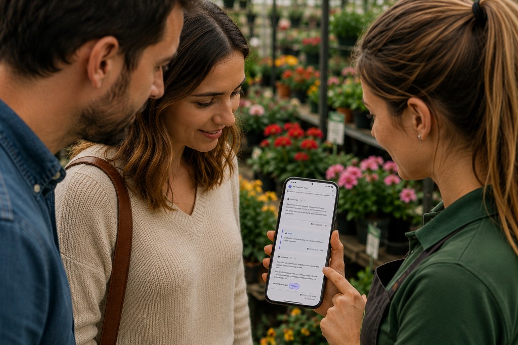 Associate showing KioServAI on a phone to customers in a garden center.