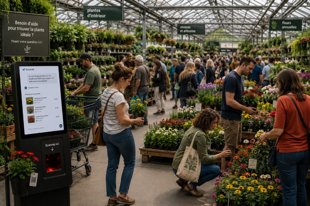 Jardinerie animée avec kiosque KioServAI au premier plan, clientèle et étalages de plantes — texte d'interface en français sur l'écran.