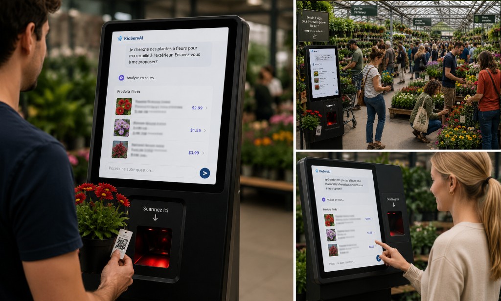 Collage: KioServAI kiosk in a garden center, customer scanning a plant tag, conversational UI and filtered products — on-screen copy is French (EN asset pending).