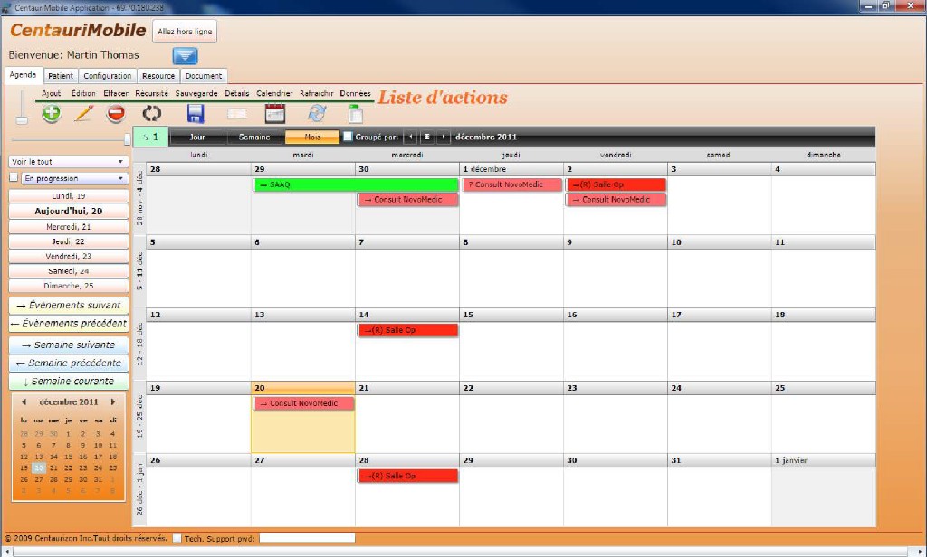CentauriMobile screenshot: monthly calendar view with scheduled visits, toolbar, and resource navigation.