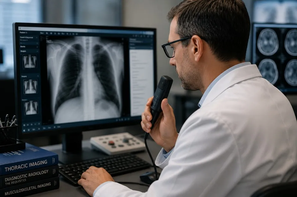 Medical imaging reading workstation: clinician at a monitor reviewing a chest study, dictation microphone, radiology reading-room setting.