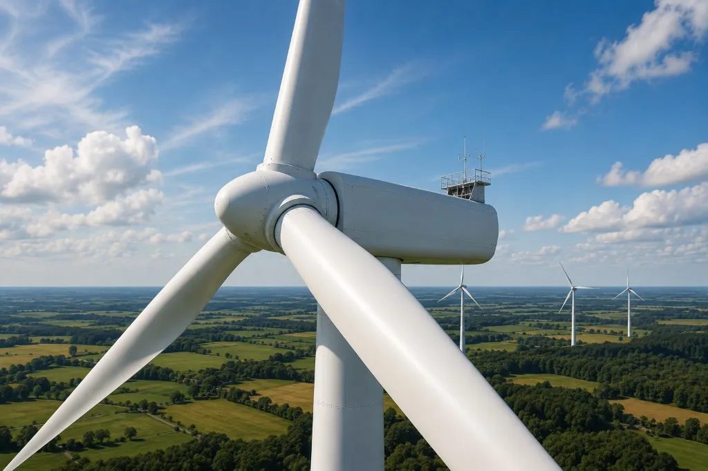 White wind turbine with blades and nacelle, wind farm in the background — wind energy and blade manufacturing context.