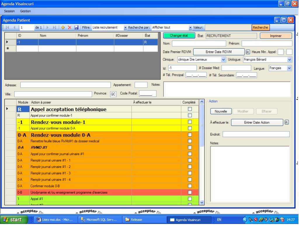 Visaincuri Agenda screenshot: patient record, follow-up modules, and action scheduling for a clinical study.