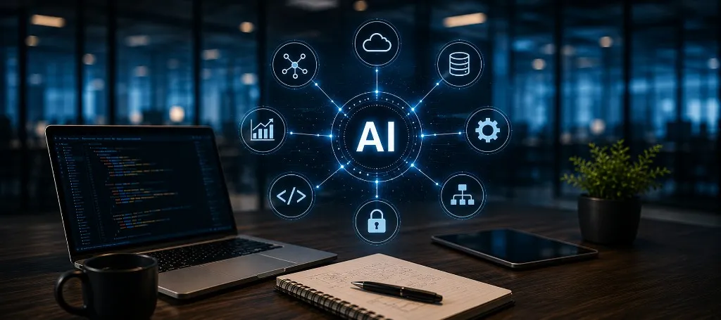 Modern workspace with laptop and visual suggesting artificial intelligence, cloud, security, and software development — CentauriZon services imagery.